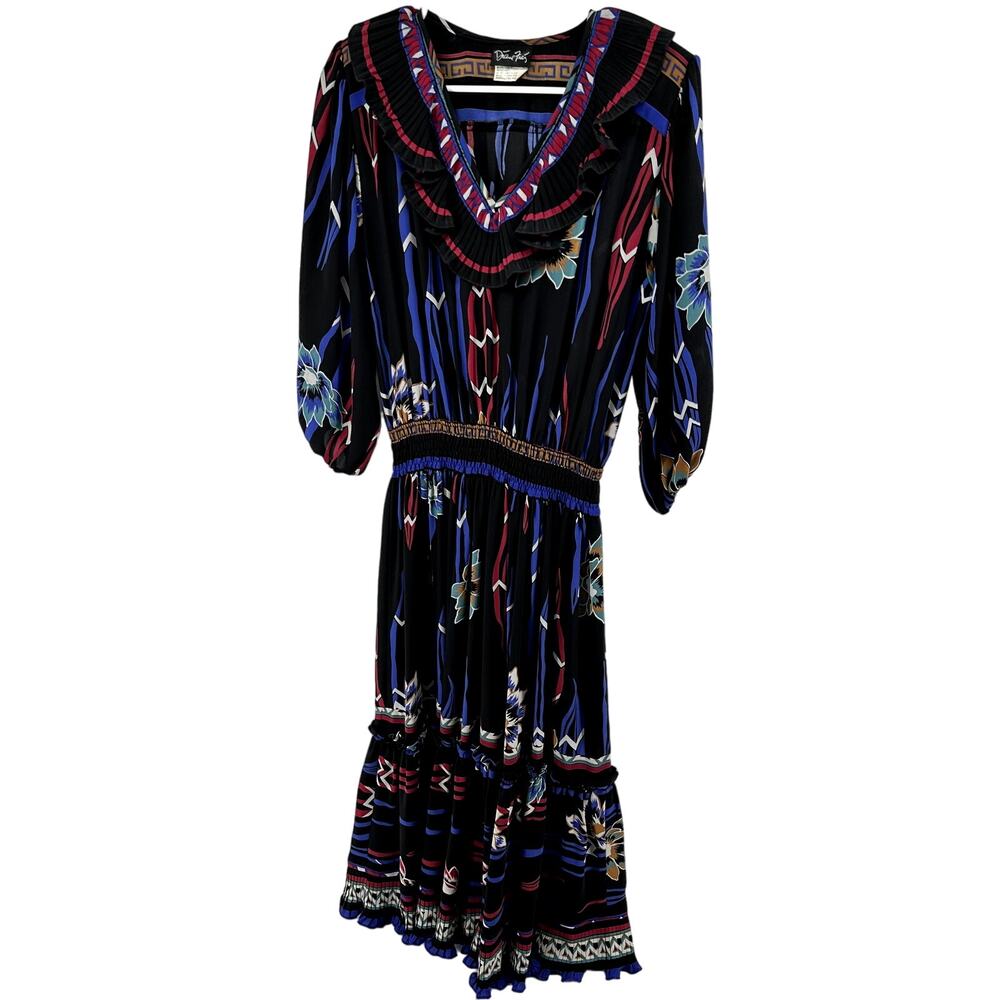 VTG Diane Freis Georgette Maxi Dress V Neck Ruffle Floral Smocked Multicolor XL - Picture 2 of 6